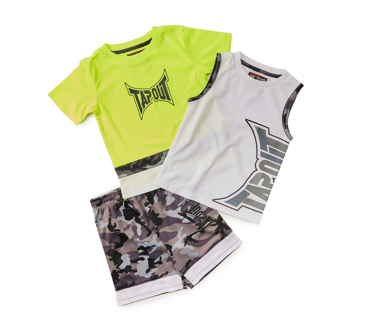 Kids' Size 8 Tapout Neon Yellow & Gray Logo Camo 3-Piece Tee Outfit