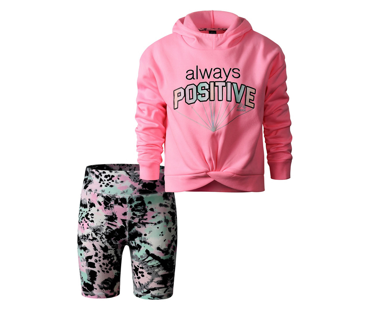 Kids' Size 5/6 "Always Positive" Pink Twist-Hem Hoodie & Mint Abstract Bike Shorts