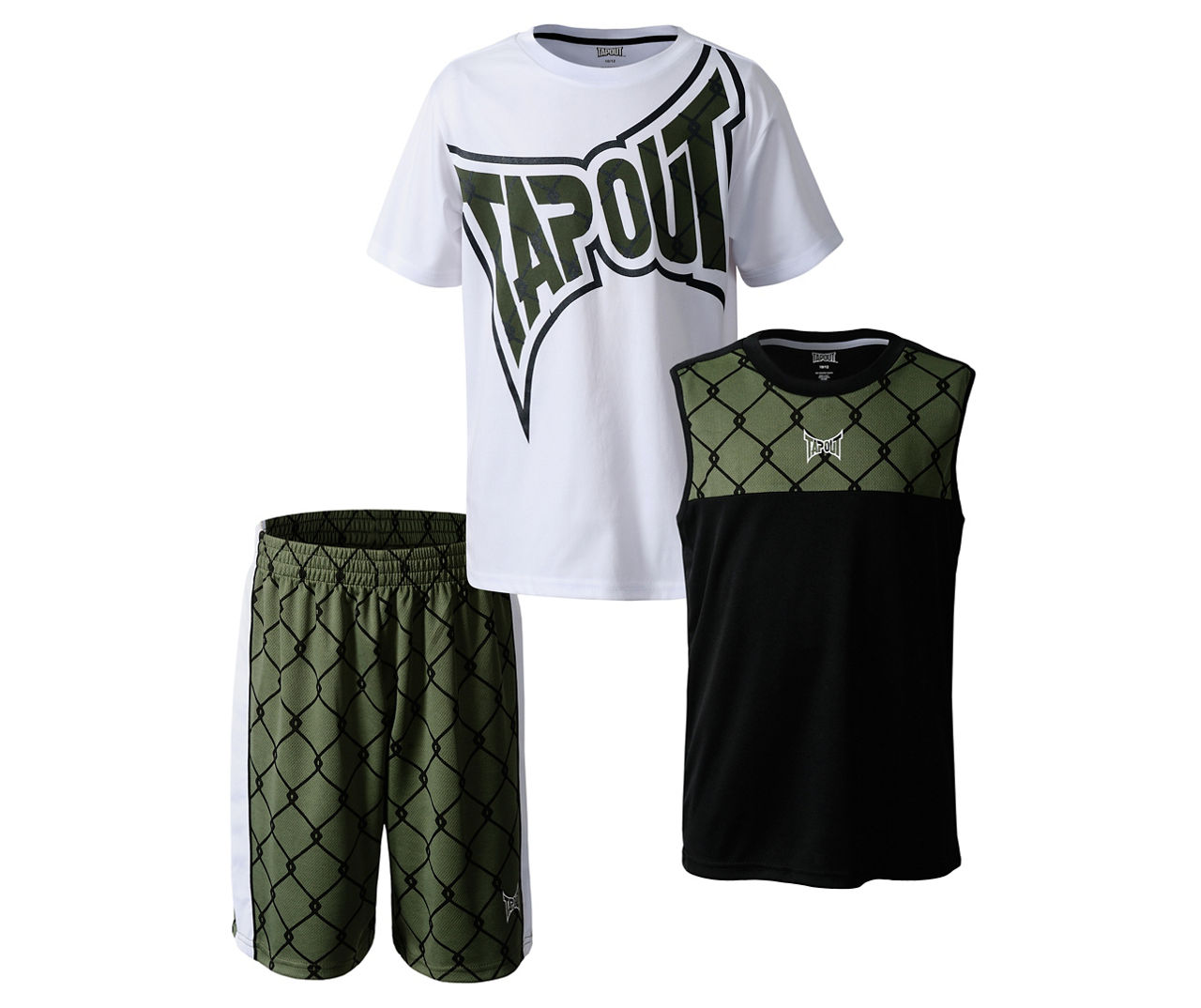 Tapout Kids' Size 8 White & Green Chain Link 3-Piece Tee Set