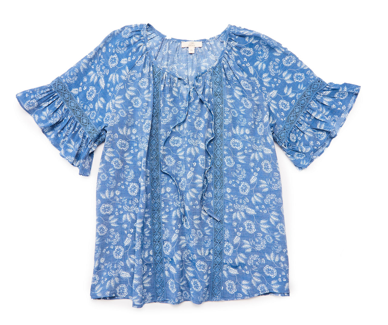 Women's Size M Galiano Blue & White Floral Lace-Accent Peasant Top