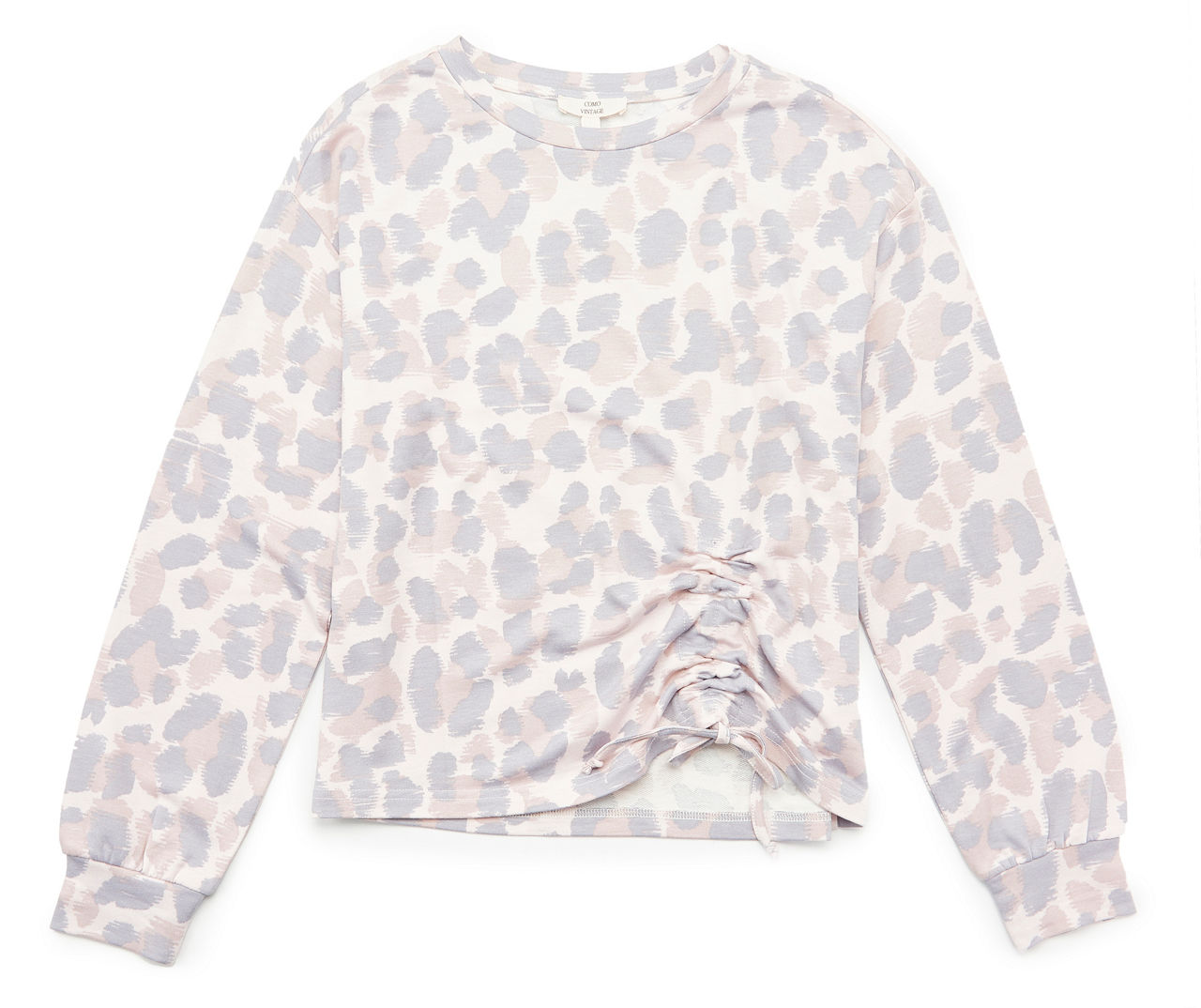 Women's Size L Gray & Lilac Leopard Print Asymmetric-Ruche Long-Sleeve Top