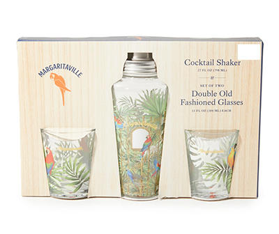 Green Parrot 3-Piece Cocktail Shaker & Double Old Fashioned Glasses Set
