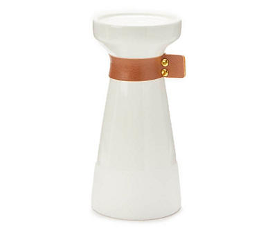 White Ceramic Pillar Candle Holder With Faux Leather Band, (8