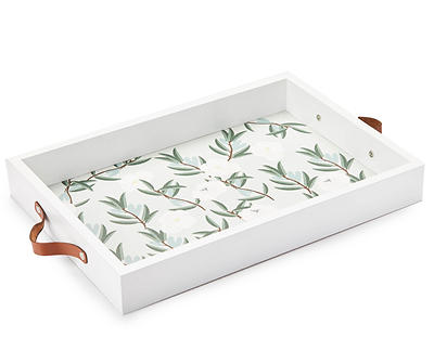 White & Green Leaf Pattern Wood Tray With Brown Leatherette Handles