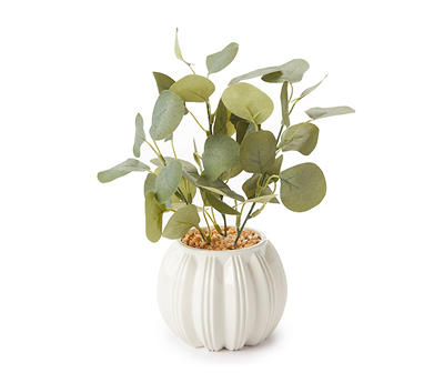 Green Artificial Plant With White Ridged Round Ceramic Pot