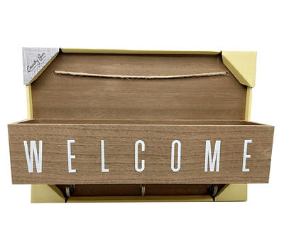 "Welcome" Brown Wall Shelf With Hooks