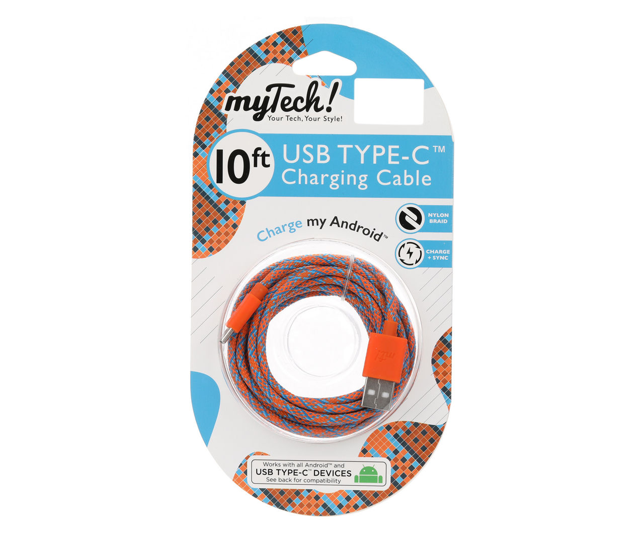 Orange & Blue Braided 10' USB-C Cable