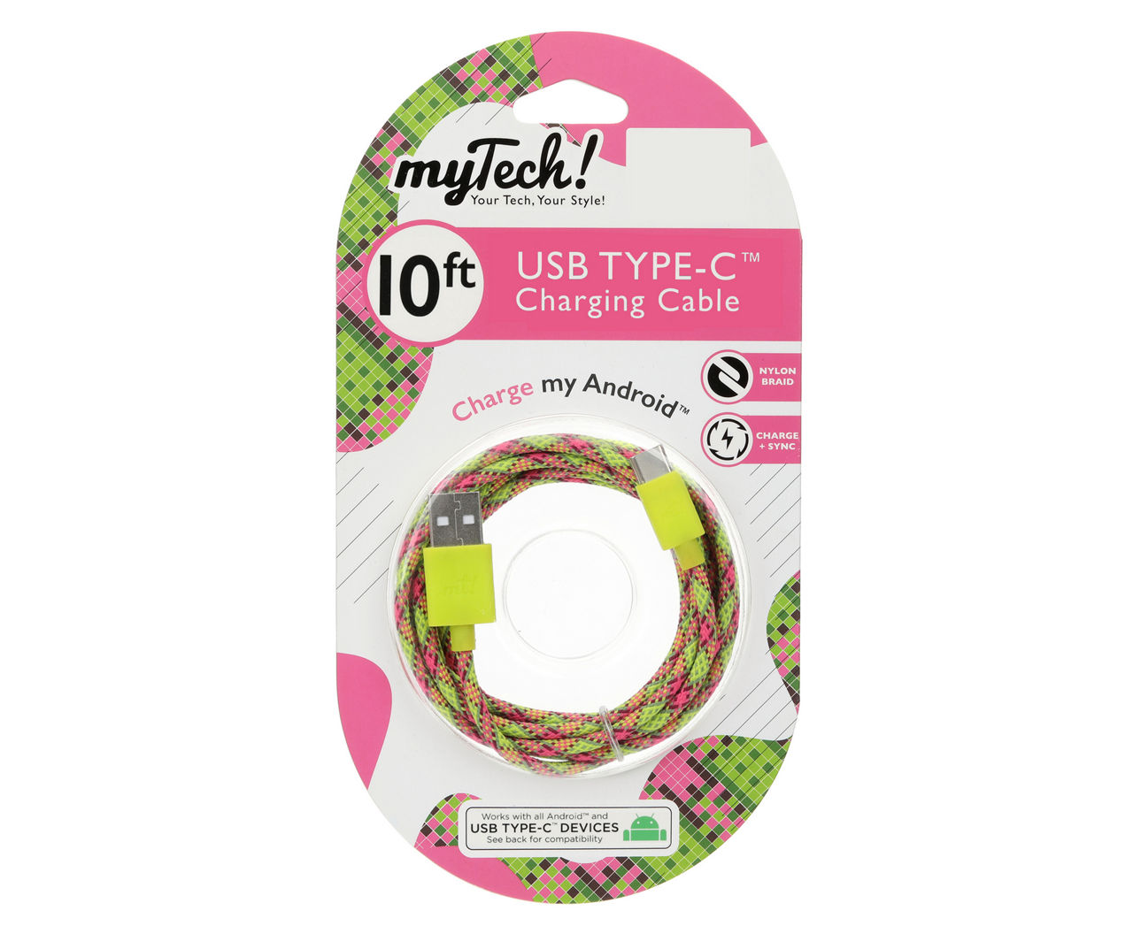 Yellow & Pink Braided 10' USB-C Cable