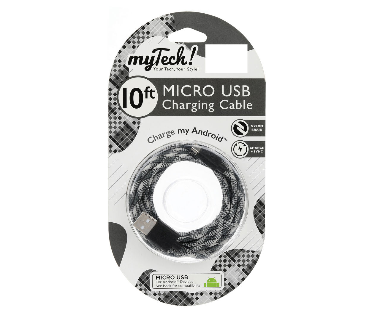MYTECH 10FT BRAID MICRO USB CBL BLK/WHT
