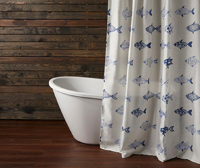 White & Blue Fish Pattern Fabric Shower Curtain Set