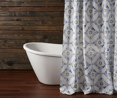 White & Blue Watercolor Lattice Shower Curtain Set