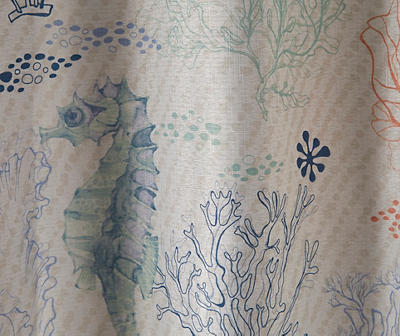 White & Blue Seahorse Coastal Pattern Fabric Shower Curtain Set