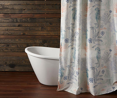 White & Blue Seahorse Coastal Pattern Fabric Shower Curtain Set