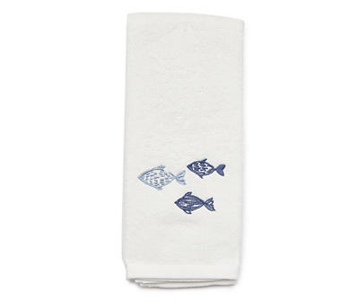 Ivory & Blue Embroidered Fish Hand Towel