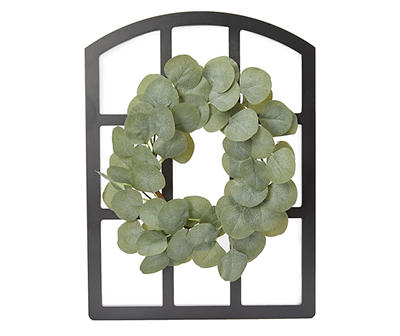 Black Windowpane Wall Plaque With Green Artificial Leaf Wreath