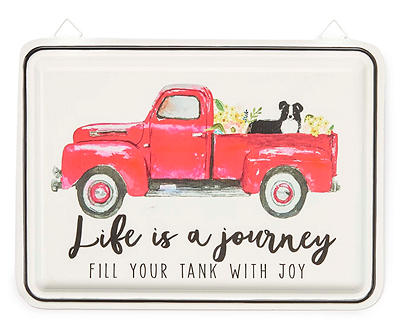 "Life Is A Journey" White, Black & Red Pickup Truck with Dog Metal Hanging Wall Décor