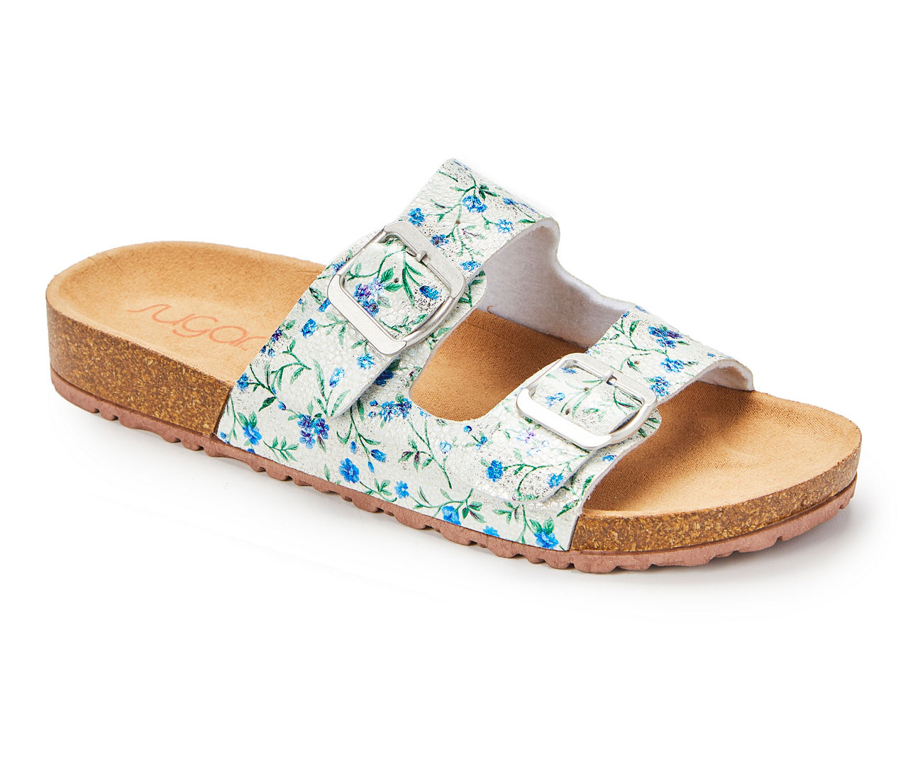 Women's White Floral Double-Buckle Cork-Sole Sandal