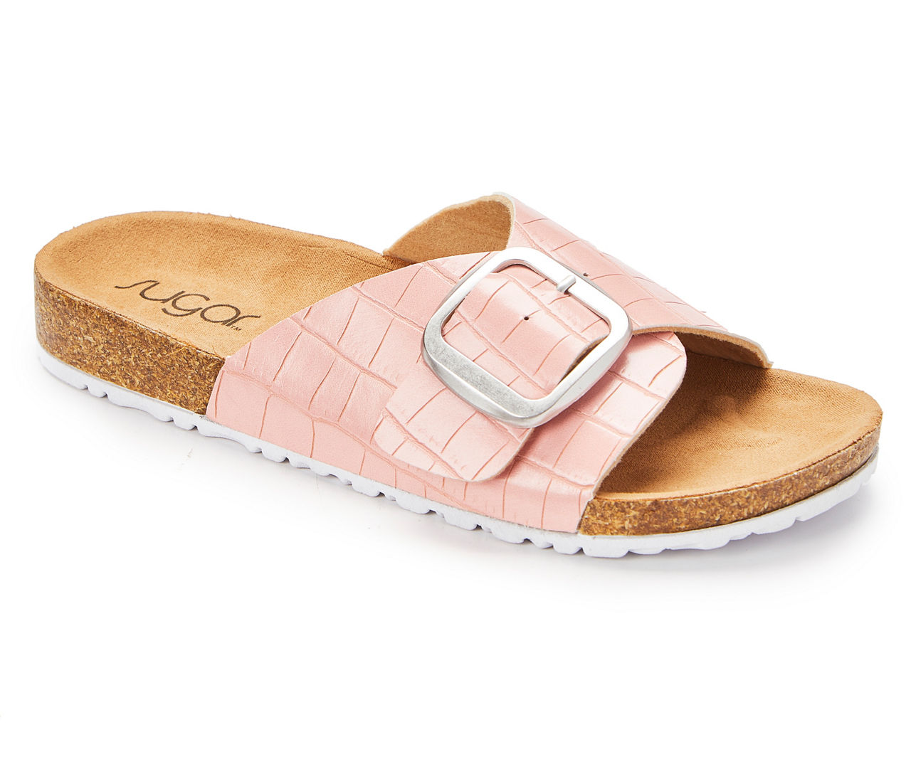 Women's 10 Blush Croc-Embossed Oversize-Buckle Cork-Sole Sandal