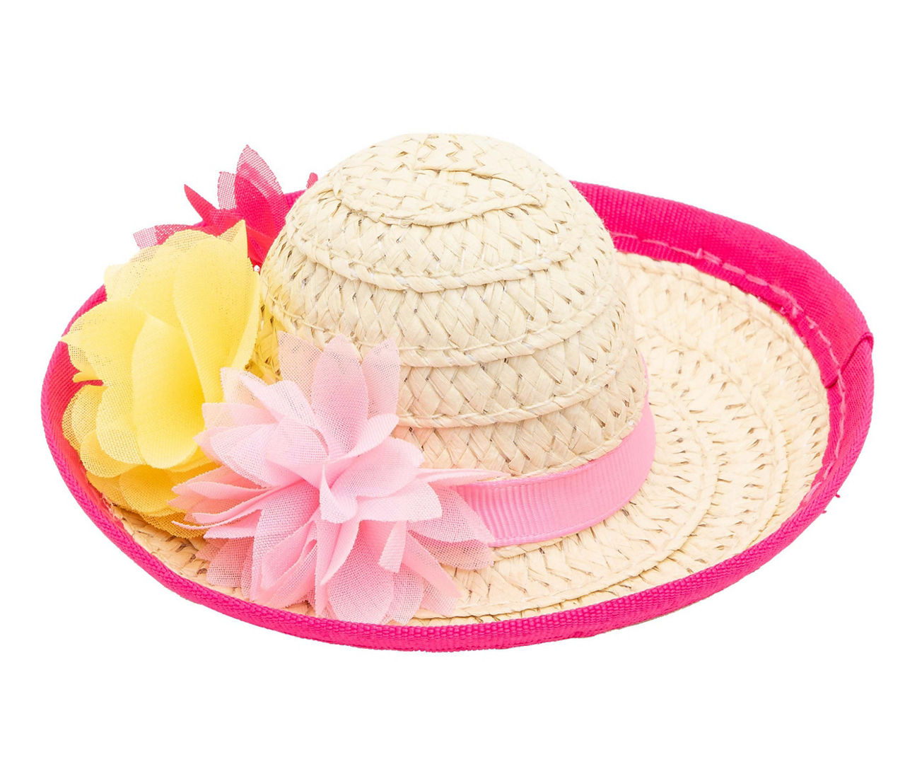 Size L Tan & Pink Flower Pet Straw Hat