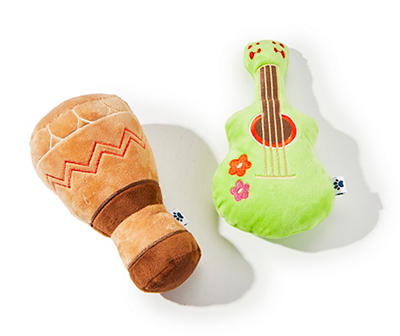 Green Guitar & Brown Drum 2-Piece Plush Pet Toy Set