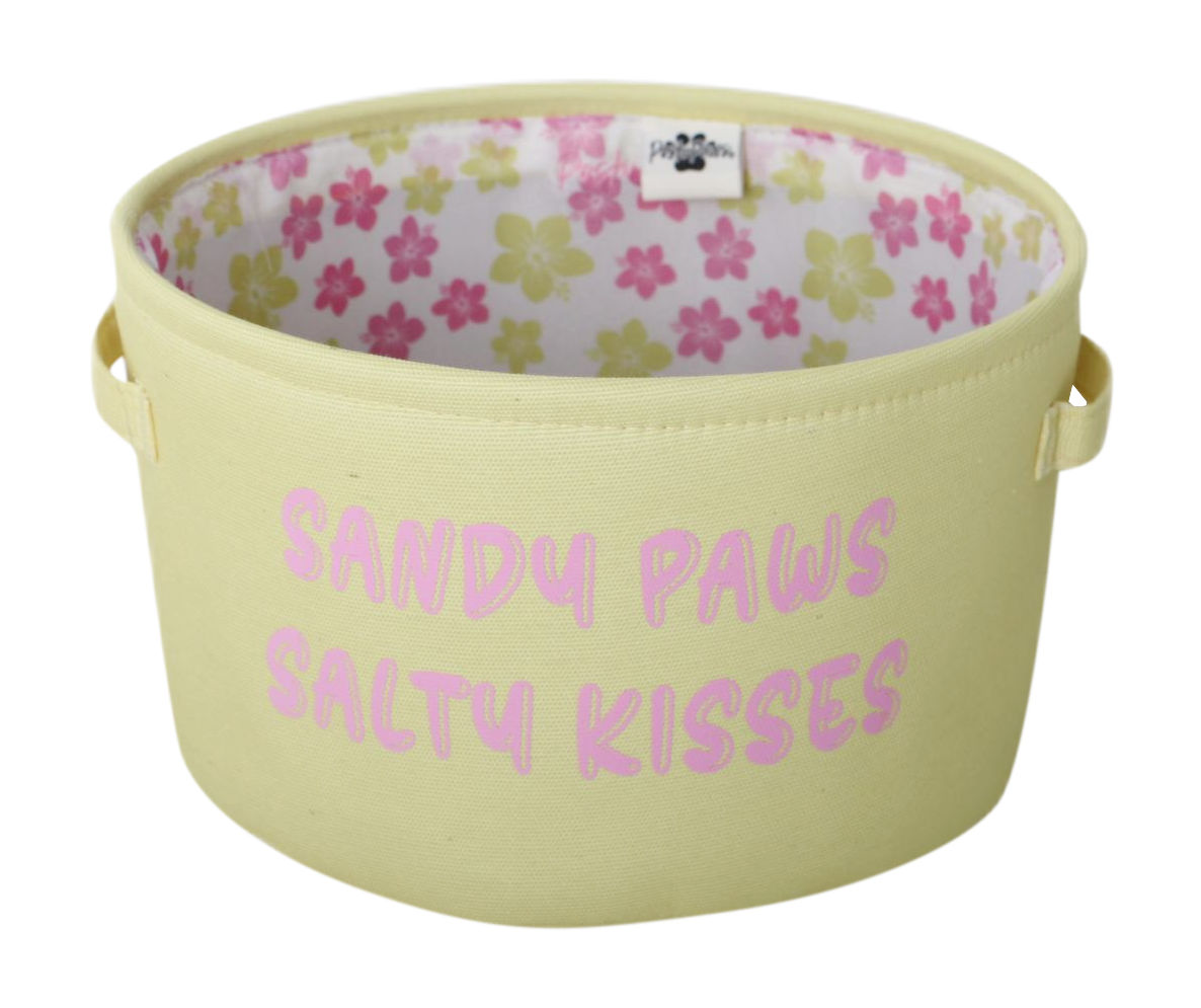 Size L "Sandy Paws Salty Kisses" Yellow Floral-Accent Fabric Toy Bin