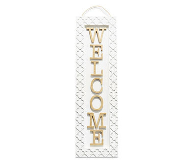 "Welcome" White Embossed Quatrefoil Wall Decor
