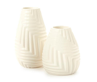 Ivory Embossed Geometric Line Ceramic Vase, (8.15")
