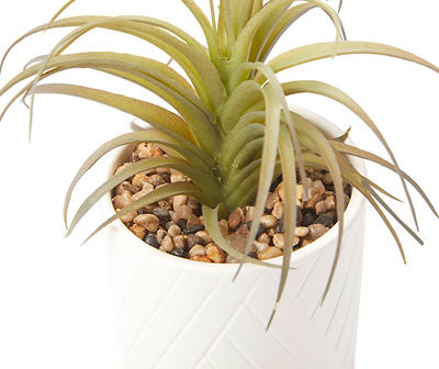 Green Artificial Air Plant With White Angled-Line Ceramic Pot