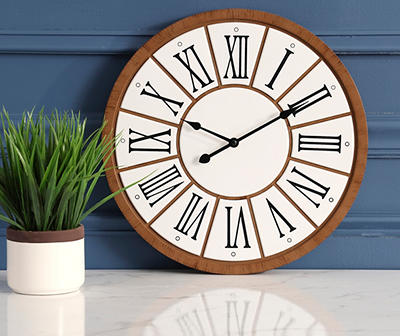 Brown & White Roman Numeral Paneled Wall Clock