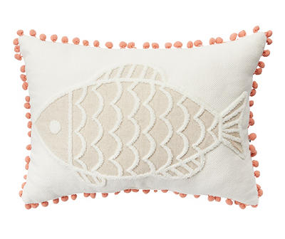 Tan & White Fish Throw Pillow With Pom-Pom Trim