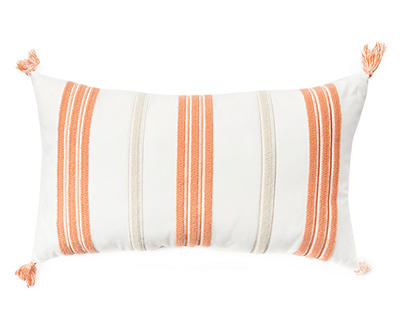 White & Orange Embroidered Stripe Tassel-Accent Throw Pillow