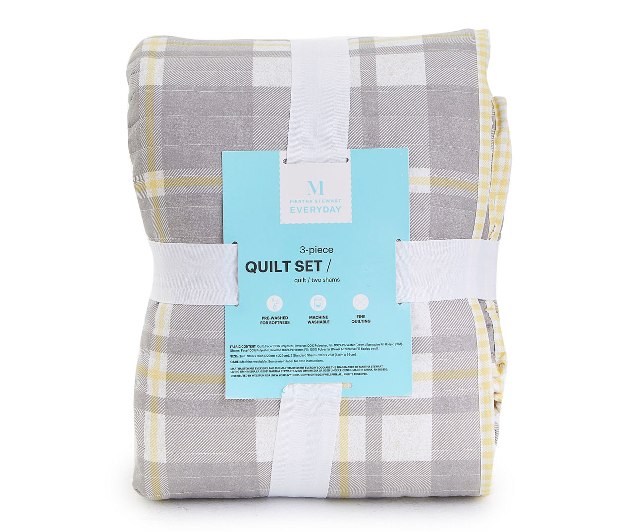 Martha Stewart Everyday Ashton Gray & Yellow Plaid Quilt Set