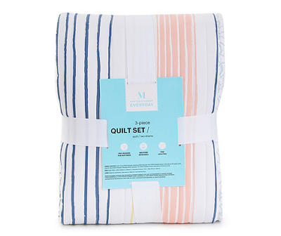 Martha Stewart Everyday Evan Coral & Blue Stripe Quilt Set