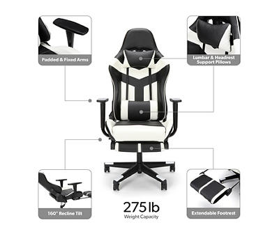 Black & White Faux Leather Racing Gaming Chair with Footrest