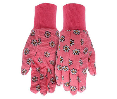 Pink Daisy Print Jersey Knit Gloves with Dot Palms