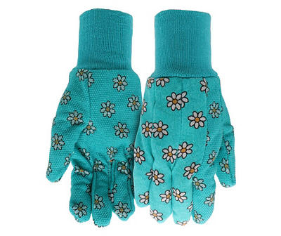 Aqua Daisy Print Jersey Knit Gloves with Dot Palms