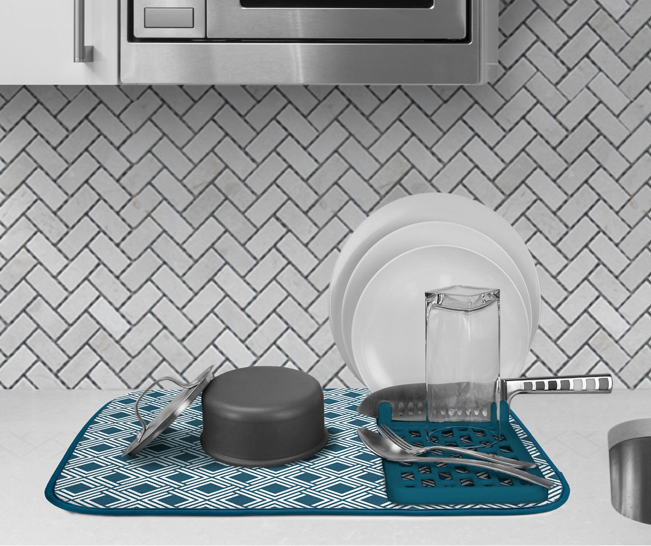 Cuisinart - Corsair Blue Geometric 2-Piece Dish Drying Mat & Rack Set