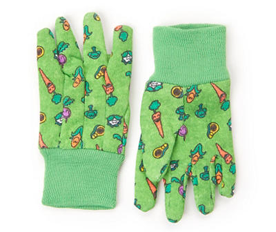 Youth's Green Veggie Print Jersey Knit Gloves