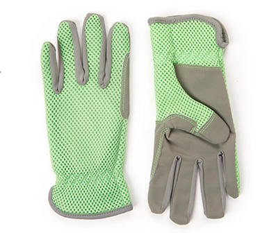 Green & Gray Mesh Back Gloves with Faux Leather Palms