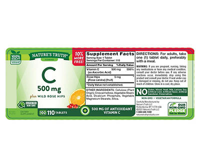 Nature's Truth Vitamin C 500 mg Plus Wild Rose Hips Tablets, 110-Count