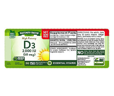 Nature's Truth Vitamin D3 50 mcg IU Softgels, 150-Count