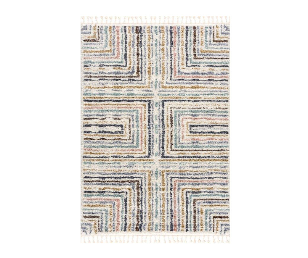 Geneva White & Multicolor Stripe Rectangle Shag Area Rug, (5' x 7')