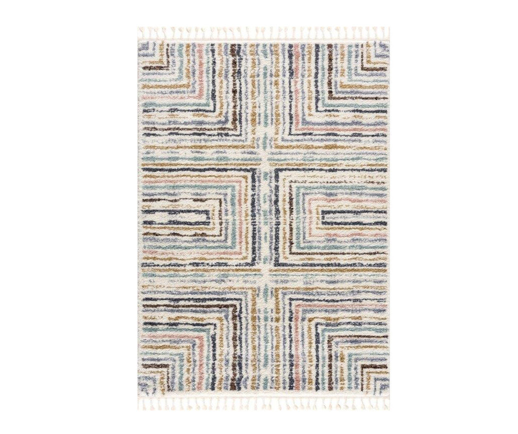 Geneva White & Multicolor Stripe Rectangle Shag Area Rug, (6' 7" x 9')