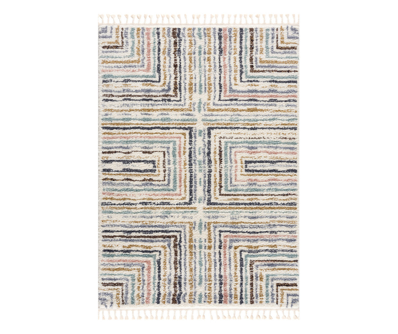 Geneva White & Multicolor Stripe Rectangle Shag Area Rug, (7' 10" x 10' 6")