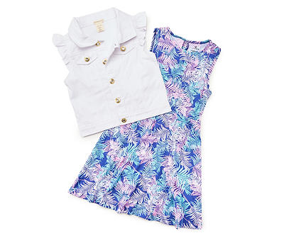 Kids' White Ruffle-Sleeve Vest & Blue Palm Leaf Sleeveless Dress