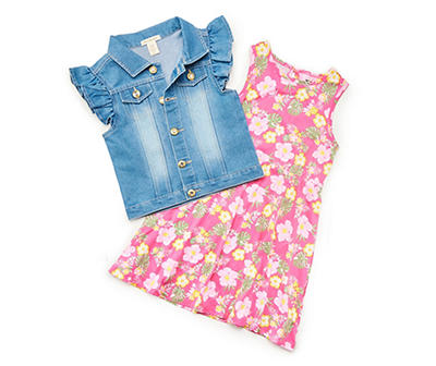 Kids' Blue Denim Ruffle-Sleeve Vest & Pink Floral Sleeveless Dress