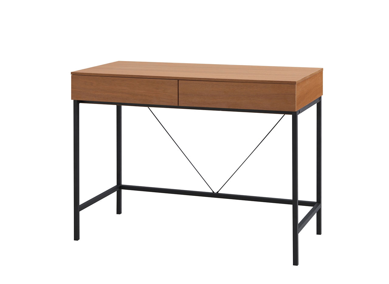 Wooden Writing Desk with Block Legs and 2 Drawers, Dark Brown and Black