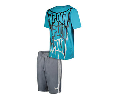 Tapout Kids' Turquoise Grafitti Logo Tee & Gray Side-Stripe Shorts