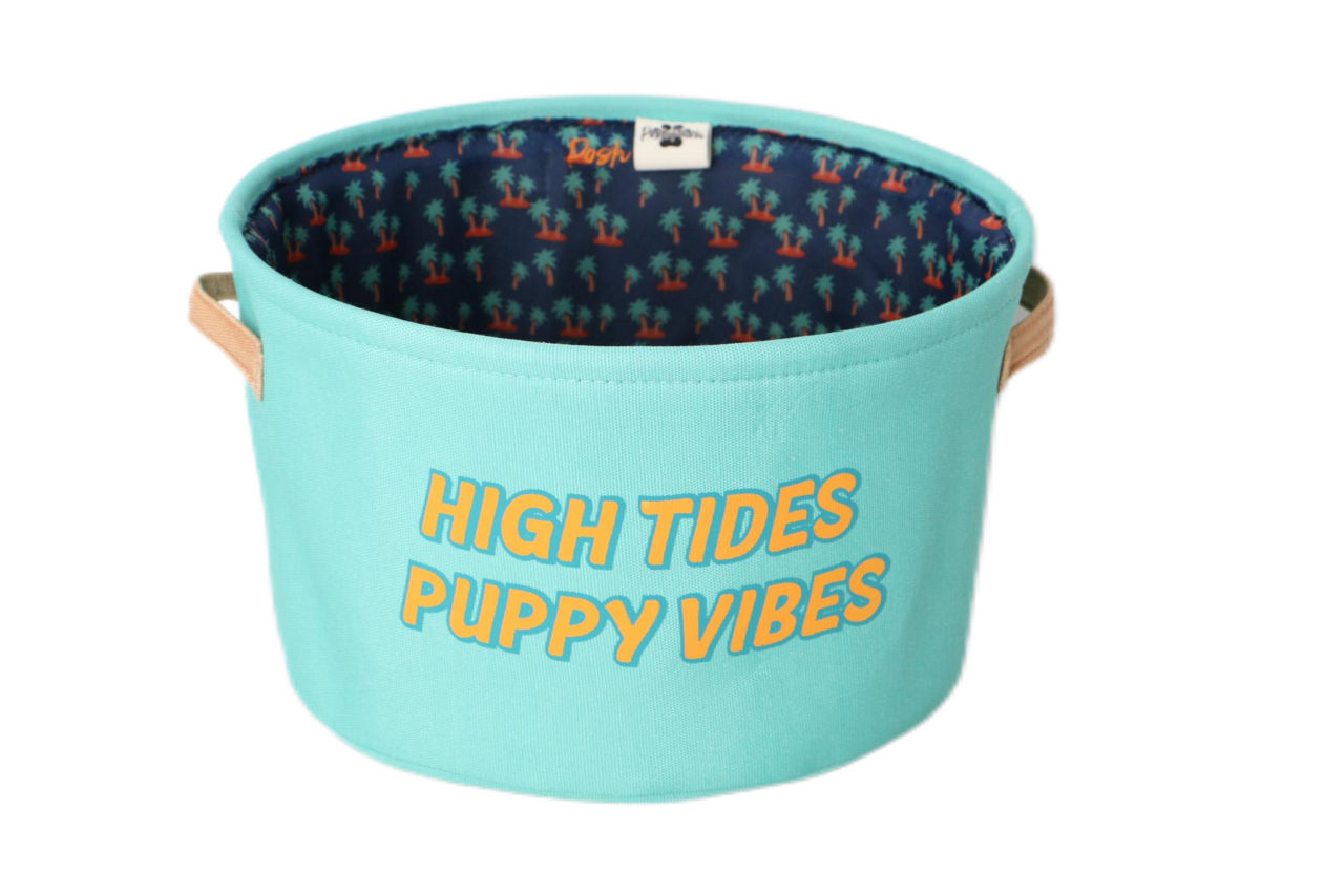 Large "High Tides Puppy Vibes" Blue Palm Fabric Toy Bin