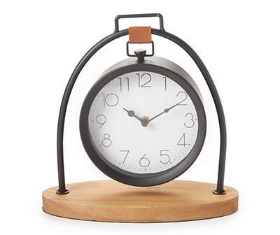 Black & Brown Industrial Hanging Tabletop Clock With Wood Base